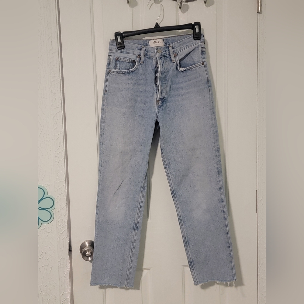 AGOLDE Fen Jeans, Size 24, Light Wash, Button Fly, Raw Edge Hem.